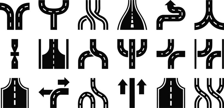 Black and white representing various road intersections and junctions