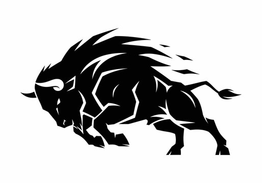 Powerful charging bison silhouette mascot logo on white background