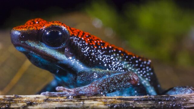Ruby Poison Frog (Ameerega parvula), Rain drops fall onto the frog which blinks. In rainforest, Orellana province, Ecuador.