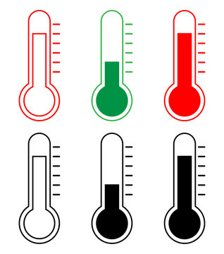 Thermometer icons set with temperature, hot, cold, heat, weather, climate, level, gauge, scale indicators. Includes red high temperature, green normal, black low temperature symbols for measurement an