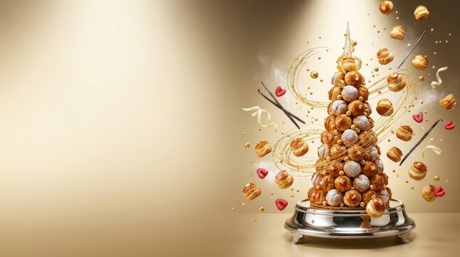 A tall croquembouche dessert tower made of cream puffs and other sweet treats, surrounded by flying pastry and decorations