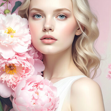 Beautiful woman with blonde hair and blue eyes among peonies