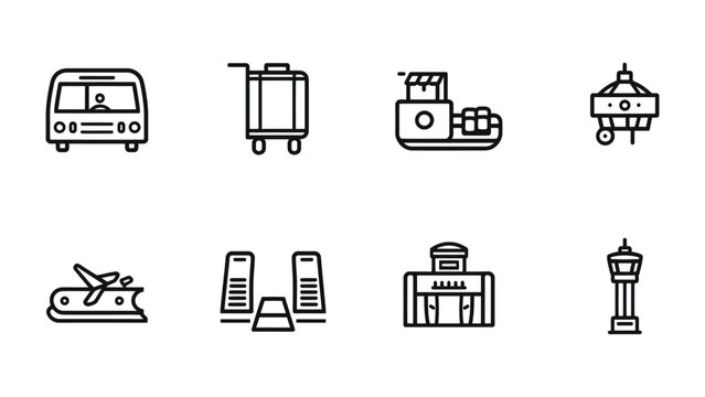 Travel Icon Set: A minimalistic collection of travel-related icons, each representing a mode of transportation or travel essential. Clean lines and modern design evoke the essence of travel.