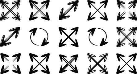 Fototapeta premium Set of black arrows indicating expansion and rotation on a white background