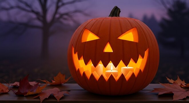 Eerie glowing jack-o'-lantern with carved spooky face sits outdoors