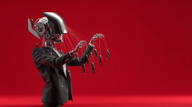 powerful 3D render of a man in a black suit with a sleek metallic robotic head holding dozens of strings like a puppet master. Each string is attached to a smaller faceless businessman representing 