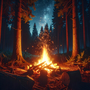 Campfire in a dark forest under a starry night sky