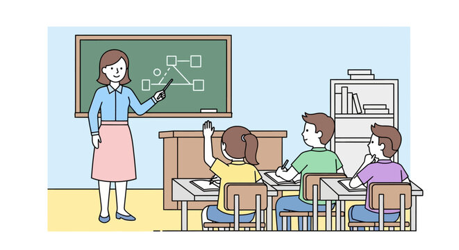 Teacher instructing students in a classroom with diagrams on the blackboard