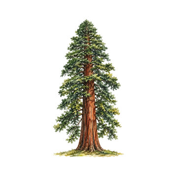 A charming watercolor redwood tree featuring a tall textured trunk with fresh green foliage illustrated in a natural botanical style.