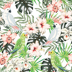 Tropical green parrots, cockatoo, hibiscus, orchid flowers, palm leaves, white background. Seamless pattern. Vector illustration. Exotic plants, birds. Summer beach design. Paradise nature © ojardin