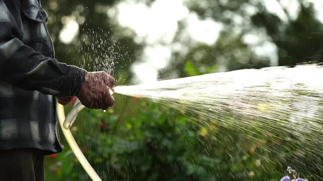 Hand sprays water in a garden. Garden plants receive moisture. Sunlight glints off the water droplets. Person wears dark jacket. Garden scene is calm and nurturing. Ideal for gardening, farming