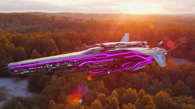 Futuristic electric hypercar flying over forest at golden hour with neon purple lights