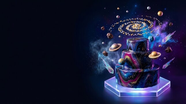 A vibrant, cosmic cake with planets, stars, and galaxies, set against a dark space background with a glowing platform.