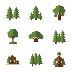 Fototapeta premium Flat Design Forest Elements: Trees, Pine Trees, Cabin, and Oak Tree Icons