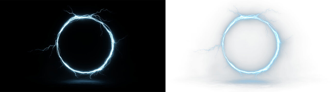 Electric ring with blue lightning isolated on transparent and black background, during daytime, light overlay, PNG