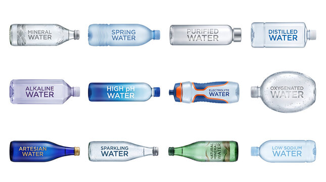 Collection of various bottled water types on white background including mineral, spring, distilled, and alkaline. Ideal for hydration health infographics and beverage product marketing.