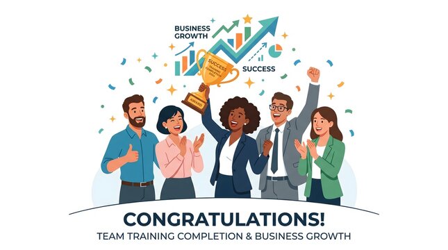 Diverse business team celebrating training completion with trophy and growth chart illustration corporate success concept