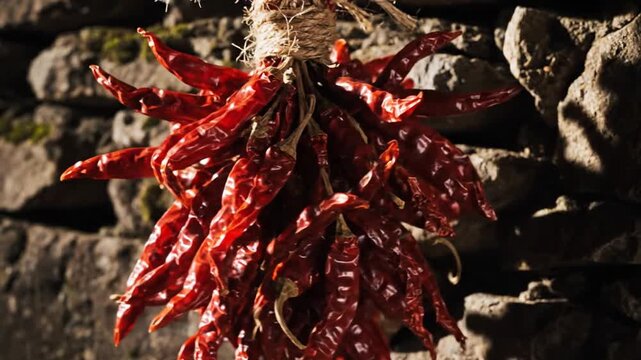 Dried Red Chili Peppers Tied Together With Twine