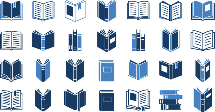 Modern Flat Design Blue Book Icon Set Collection with Various Open and Closed Book Symbols for Education