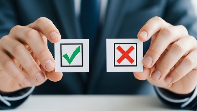 Decision making hands holding cards with check and cross symbols