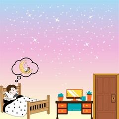 Obraz premium Cute Kid Sleeping and Dreaming Under Starry Pastel Night Illustration