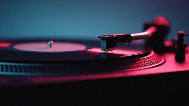 Turntable in a dark modern environment with vinyl record and stylus under neon lighting. AI generative