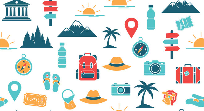 Seamless pattern with travel icons featuring mountains palm trees cameras backpacks and compasses for adventure design