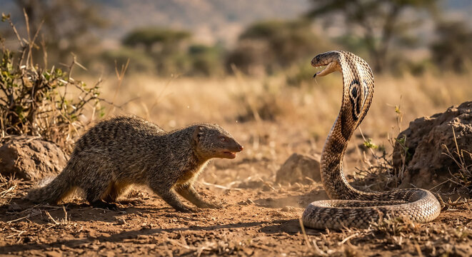 Two alert meerkats stand on the brown ground and lookout across the wild prairie, while a small furry mongoose-like mammal from the zoo eats grass in nature