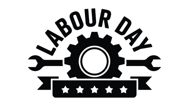 labour day industrial gear with wrench tools emblem typography design for worker celebration mechanical industry badge illustration