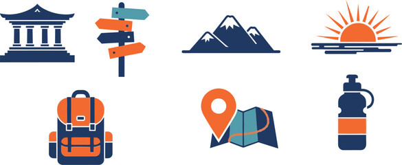 Set of travel and adventure icons with building signpost mountain sunset backpack map and water bottle for trip design © azad