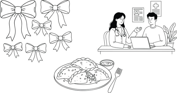 Mixed Illustration Set Featuring Decorative Gift Bows a Doctor Consultation With a Patient and a Plate of Delicious Traditional Empanadas Food Vector.