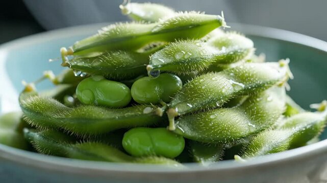 Close-up of Fresh Green Edamame Pods in a Bowl