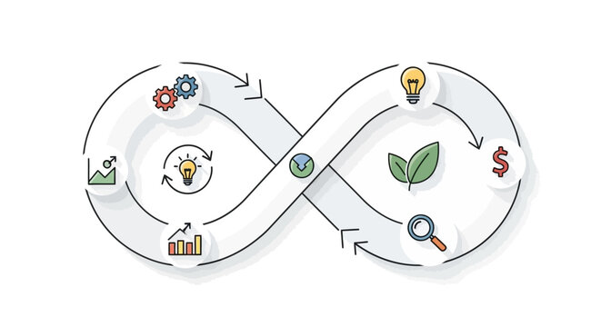 Agile development lifecycle with icons: growth, ideas, sustainability, finance, analysis
