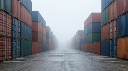 Fototapeta premium Empty lane between stacked shipping containers in storage yard