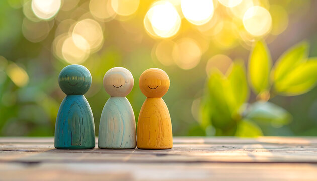 Wooden figures representing unity diversity and teamwork on natural background