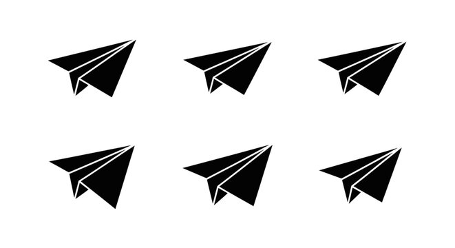 Six Black Paper Airplanes Flying in Formation on White Background