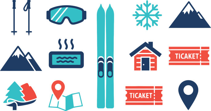 Set of colorful ski resort and winter sports icons including skis goggles mountain snowflake cabin and tickets