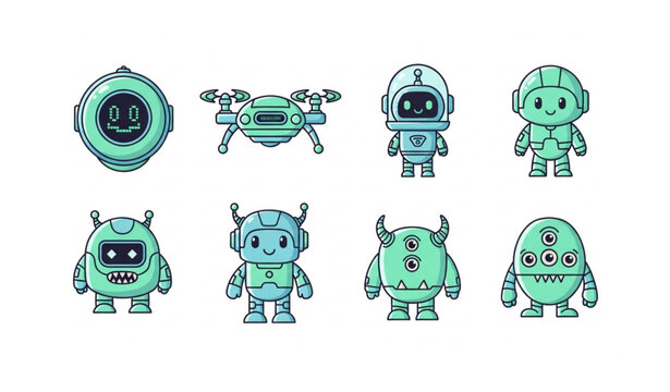 Cute cartoon robot character set with friendly cyborg monsters and tiny humanoid droids for kids tech illustrations
