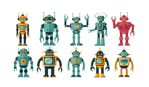 Vintage retro futurism robot set with classic humanoid droids and atomic age mechanical monsters