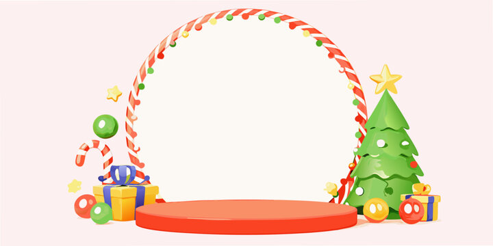 Festive holiday frame with candy cane arch and christmas tree