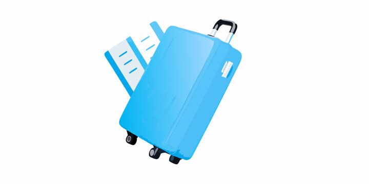 Blue suitcase with airline tickets isolated on white background
