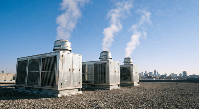 Industrial HVAC rooftop units on a building. Commercial air conditioning system with steam vents
