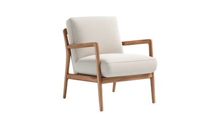 Fototapeta premium Modern Minimalist Armchair with Wooden Frame and Light Beige Fabric Upholstery Isolated on transparent background