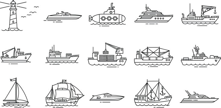 Set of Maritime Vectors with Ships, Boats, Submarine, Lighthouse, and Yacht Icons for Nautical, Ocean, and Travel Illustrations