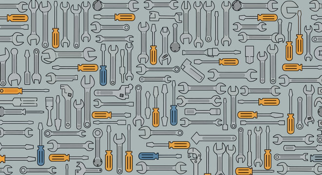 seamless pattern of various tools on gray background