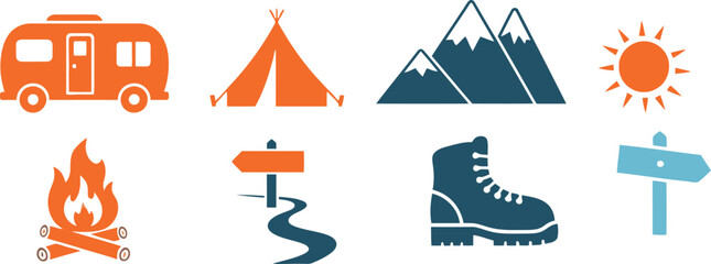 Set of colorful camping icons featuring a caravan tent mountains sun campfire hiking boot and wooden directional signs © azad