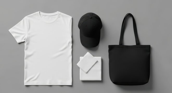 Flat lay mockup of white t-shirt, black baseball cap, and black tote bag on gray background