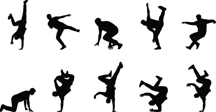 Breakdance dancer silhouettes set performing hip hop moves acrobatic street dance poses isolated vector illustration