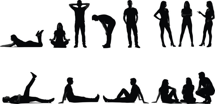 People silhouettes set sitting standing relaxing poses casual lifestyle characters isolated vector illustration collection