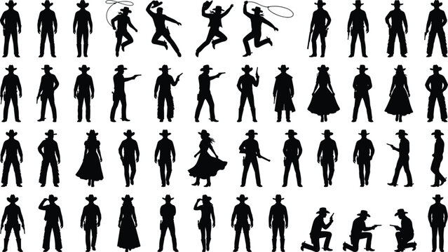 Wild west cowboy silhouettes set gunslinger poses rodeo lasso action western characters isolated vector illustration